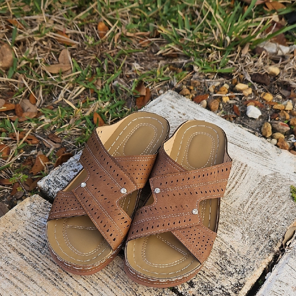 Brown Perforated Slide Sandals